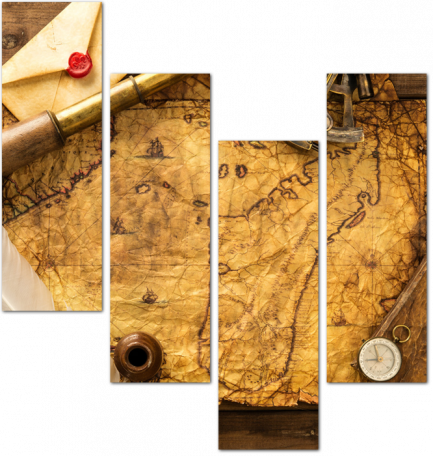 Секстант, подзорная труба и конверт на старинной карте