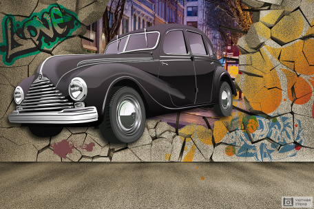 3D Ретро автомобиль на фоне граффити