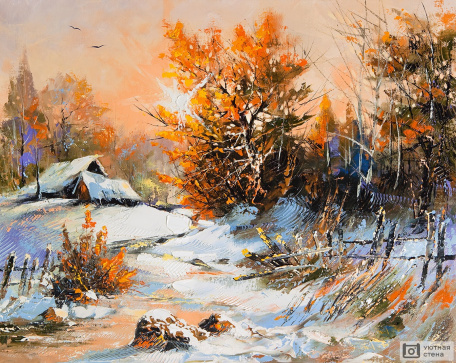 Деревенский зимний пейзаж красками