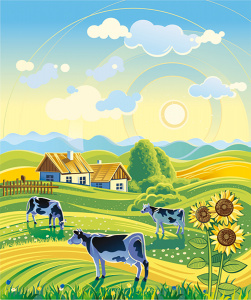Коровы в поле на фоне восходящего солнца