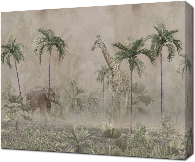 Слон и жираф в дымке джунглей