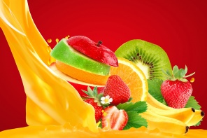 Яркие фрукты на красном фоне