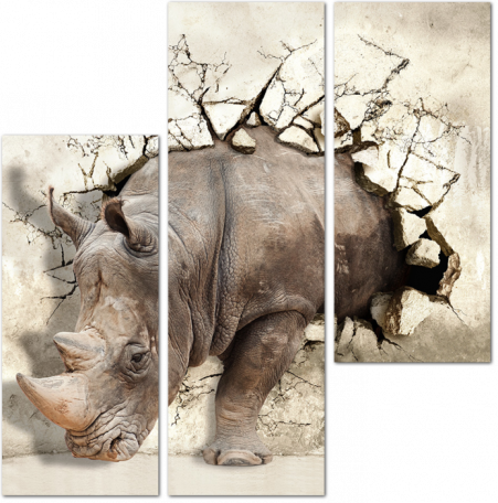3D носорог, пробивающий стену