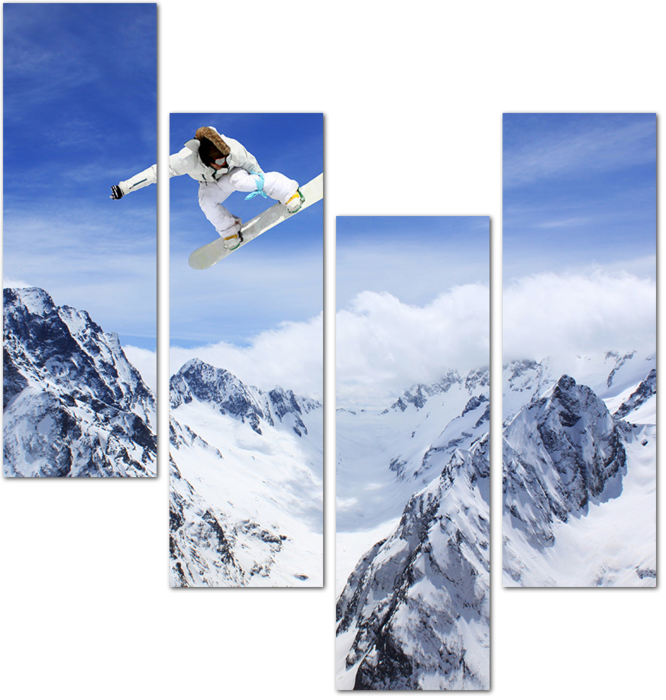 Сноубордист летит над вершинами гор