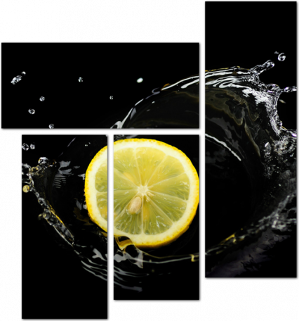 Желтый лимон в брызгах воды на черном фоне