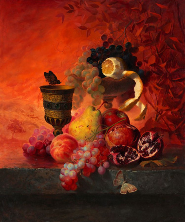 Красный натюрморт с фруктами