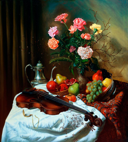 Скрипка и ваза с цветами