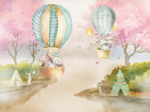 Акварельный лес с животными на воздушных шарах