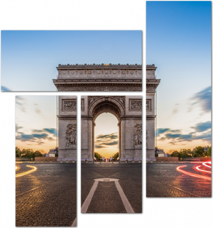 Триумфальная арка на Елисейских полях ночного Парижа. Франция