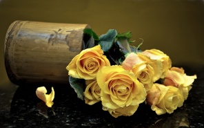 Желтые розы в опрокинутой вазе