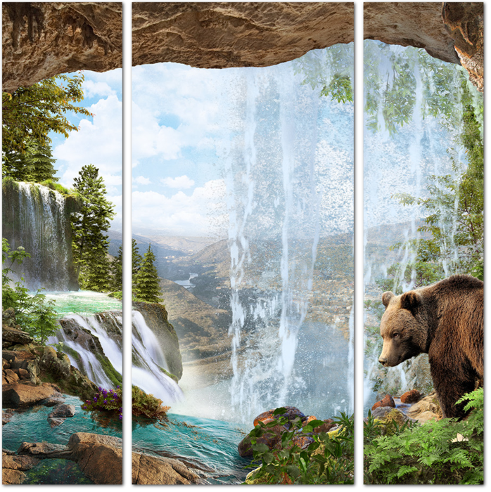 Медведь в пещере с водопадом