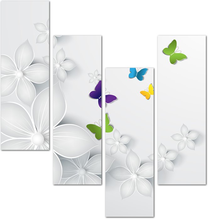 3D Белые цветы и цветные бабочки