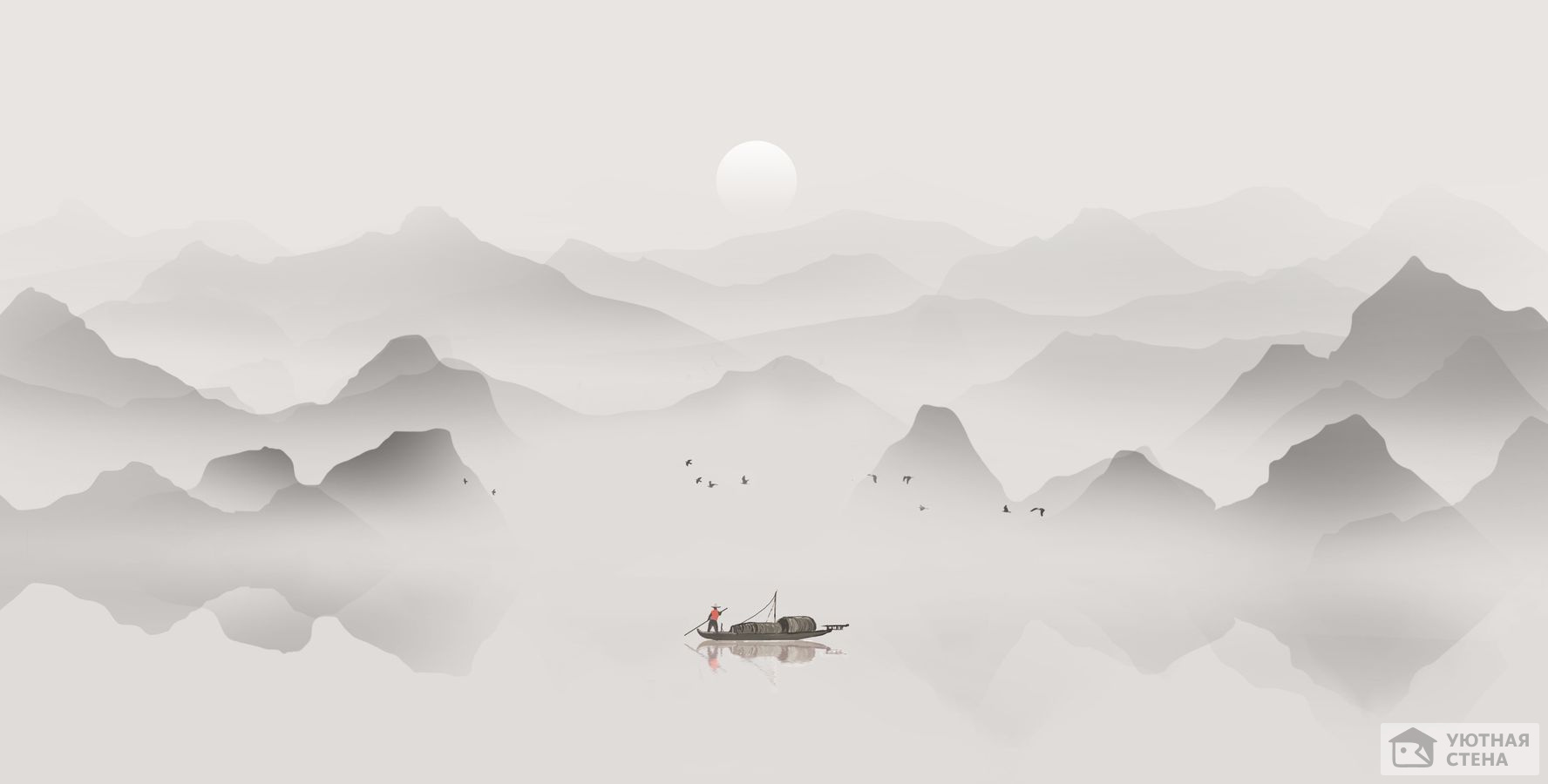Силуэты гор над озером с рыбаком