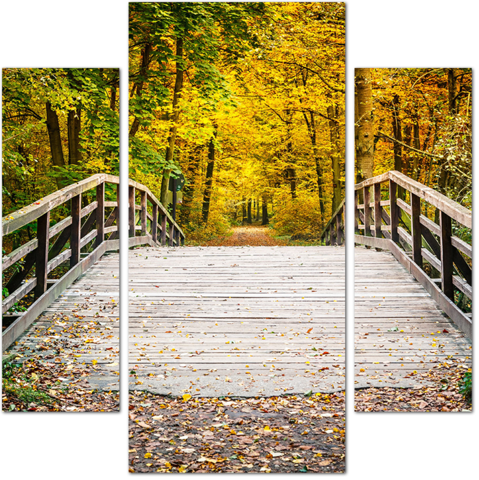 Широкий деревянный мост в осеннем лесу