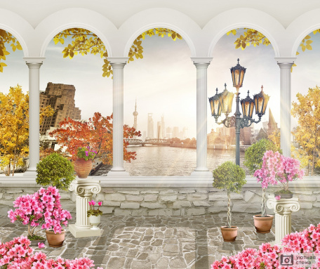 Терраса с цветами с видом на город