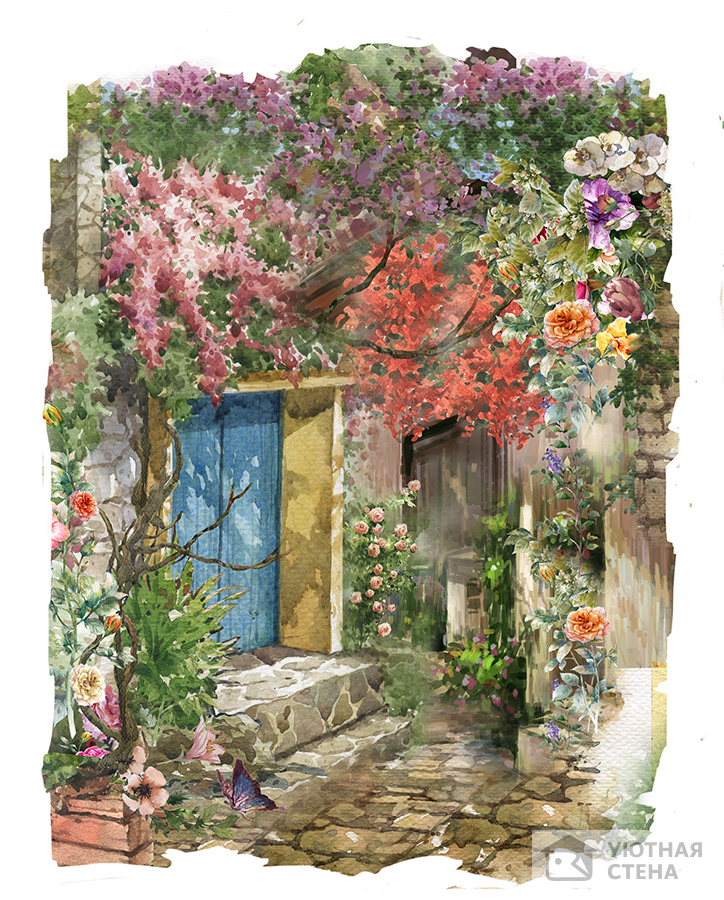 Акварельная зарисовка с цветочным двориком