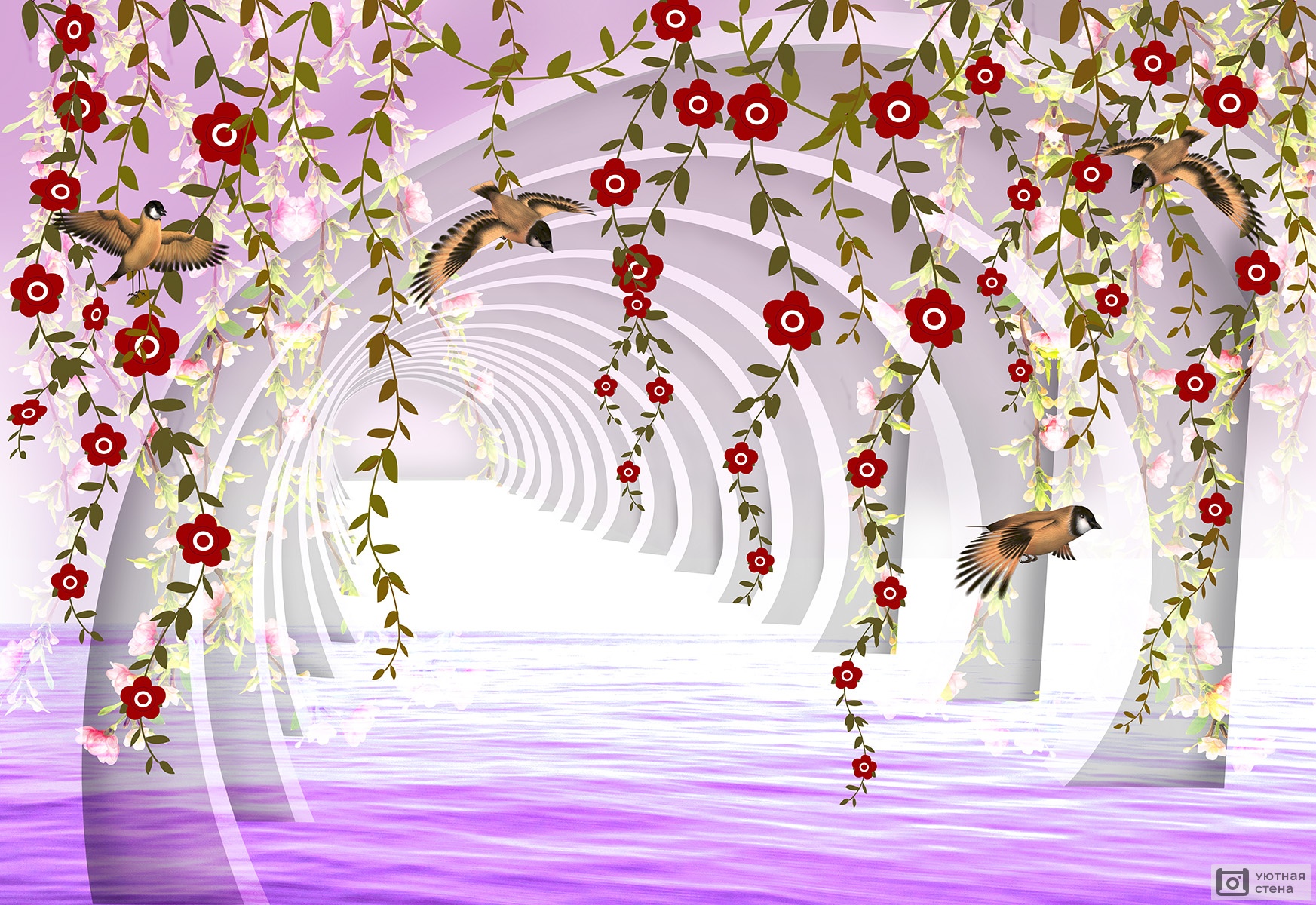 3D туннель с цветами и птицами