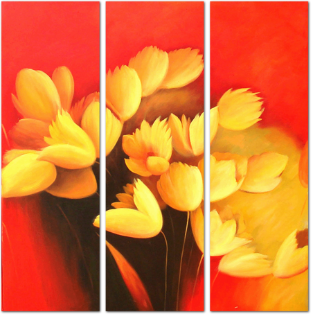 Жёлтые тюльпаны на красном фоне