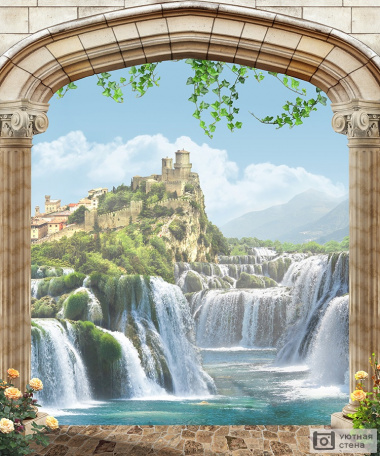 Арка с видом на водопад и замок