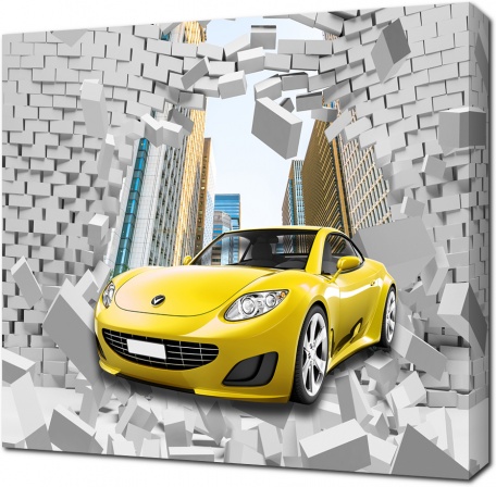 Желтая машина пробивает кирпичную стену