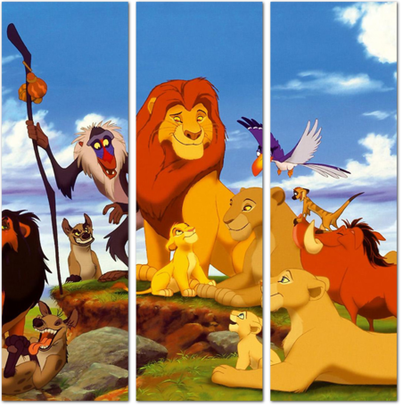 Симба, Тимон, Пумба, Нала, обезьяна и гиены сидят на камне. Король Лев