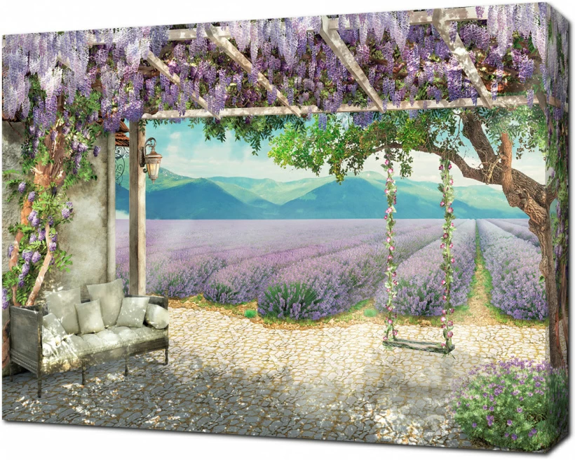 Терраса с качелями у поля лаванды