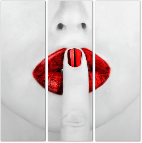 Гламурное изображение красных губ и пальца с ярким маникюром