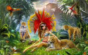 Нарядная девушка среди леопардов