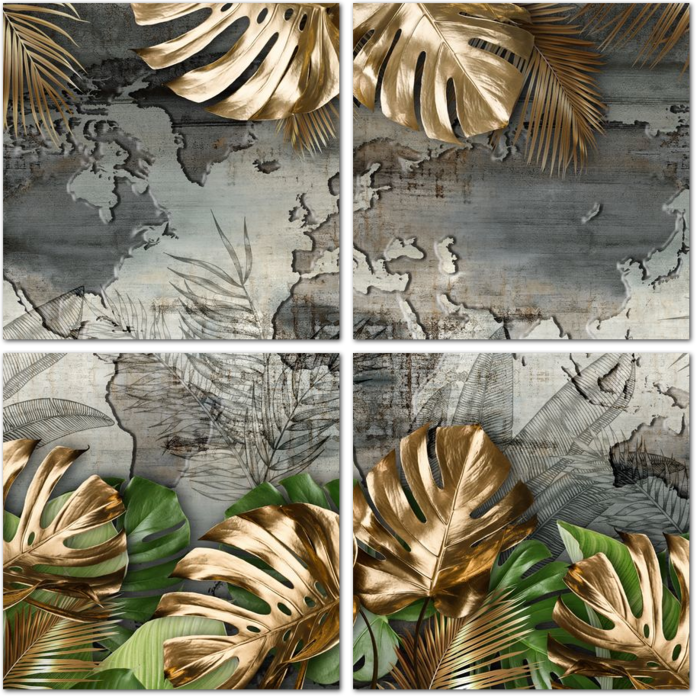 Золотые листья монтеры на фоне карты