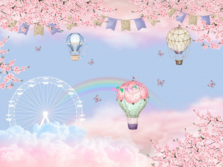 Воздушные шары в розовых облаках с ветвями сакуры