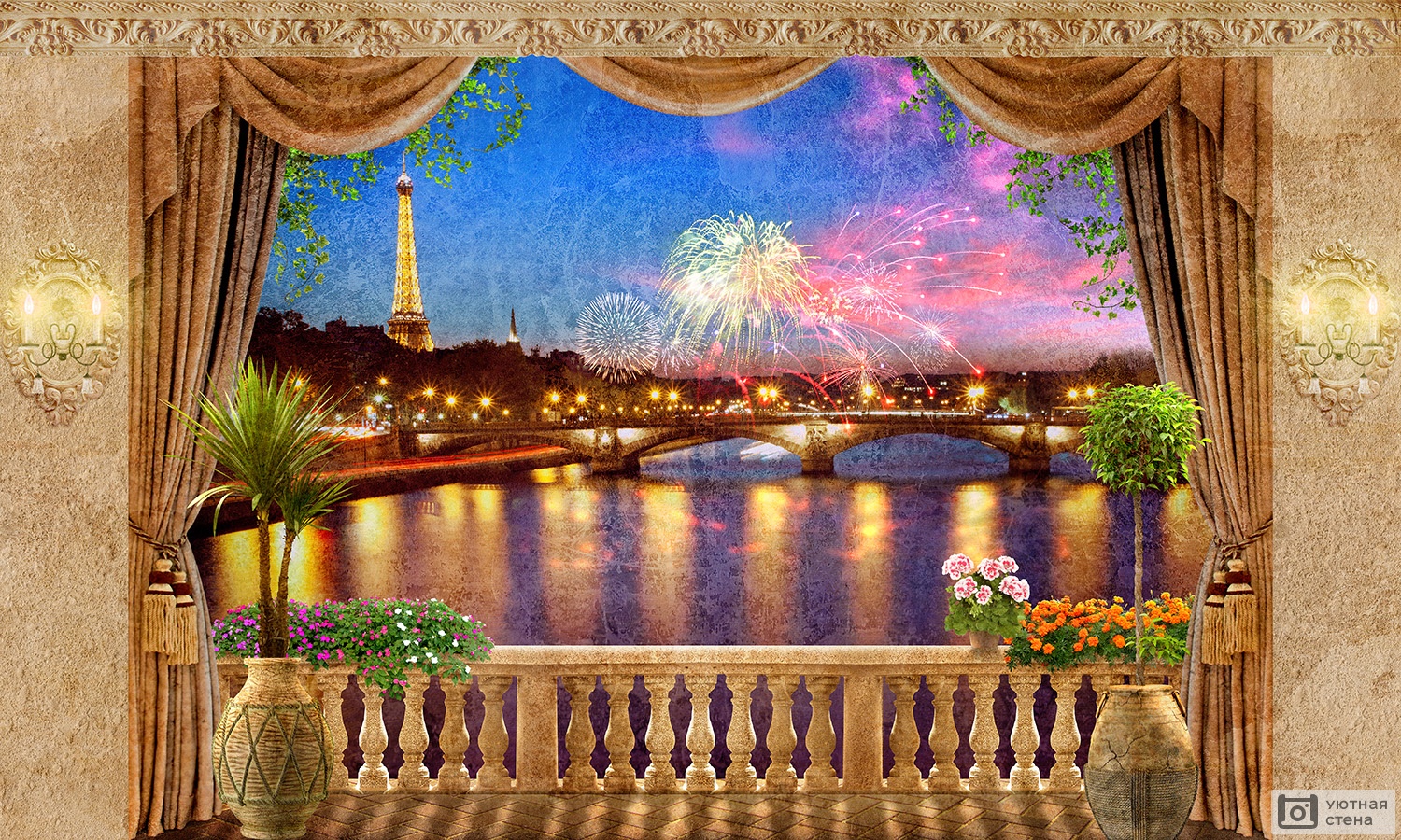 Балкон с видом на ночной Париж