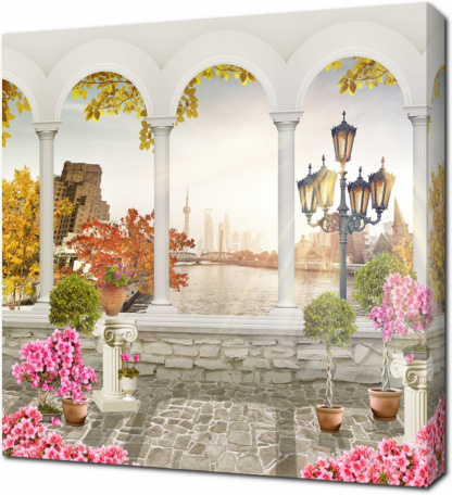 Терраса с цветами с видом на город