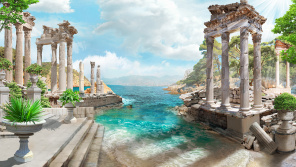 Руины из античных колонн на берегу моря