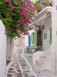 Узкая улочка греческого острова с бугенвиллеями. Миконос.