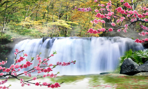 Цветущие деревья у водопада
