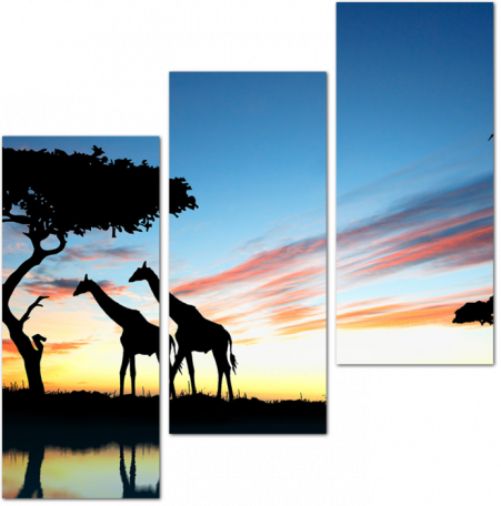 Силуэты диких животных на закате. Сафари. Африка