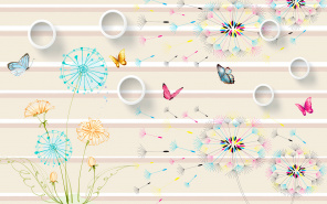 Разноцветные одуванчики, белые 3д кольца и летающие бабочки