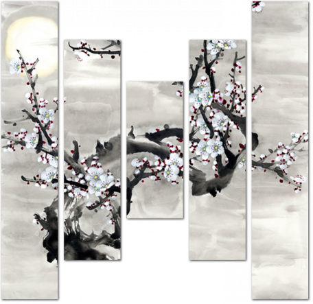 Черно-белое цветущее дерево китайской тушью