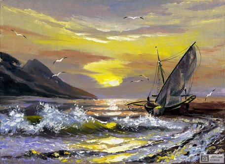 Парусная лодка в волнах на закате