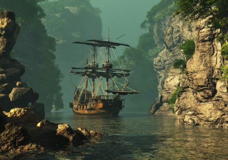 Пиратский корабль среди скал