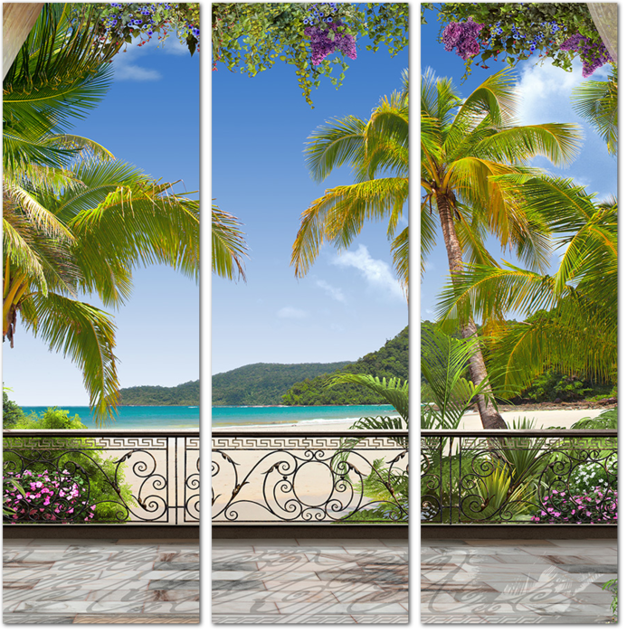 Украшенная цветами терраса с видом на пляж