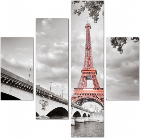 Вид красной Эйфелевой башни на черно-белом фото
