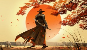 Японский самурай на фоне восходящего солнца