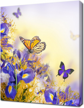 Букет из синих ирисов, белых цветов и бабочек