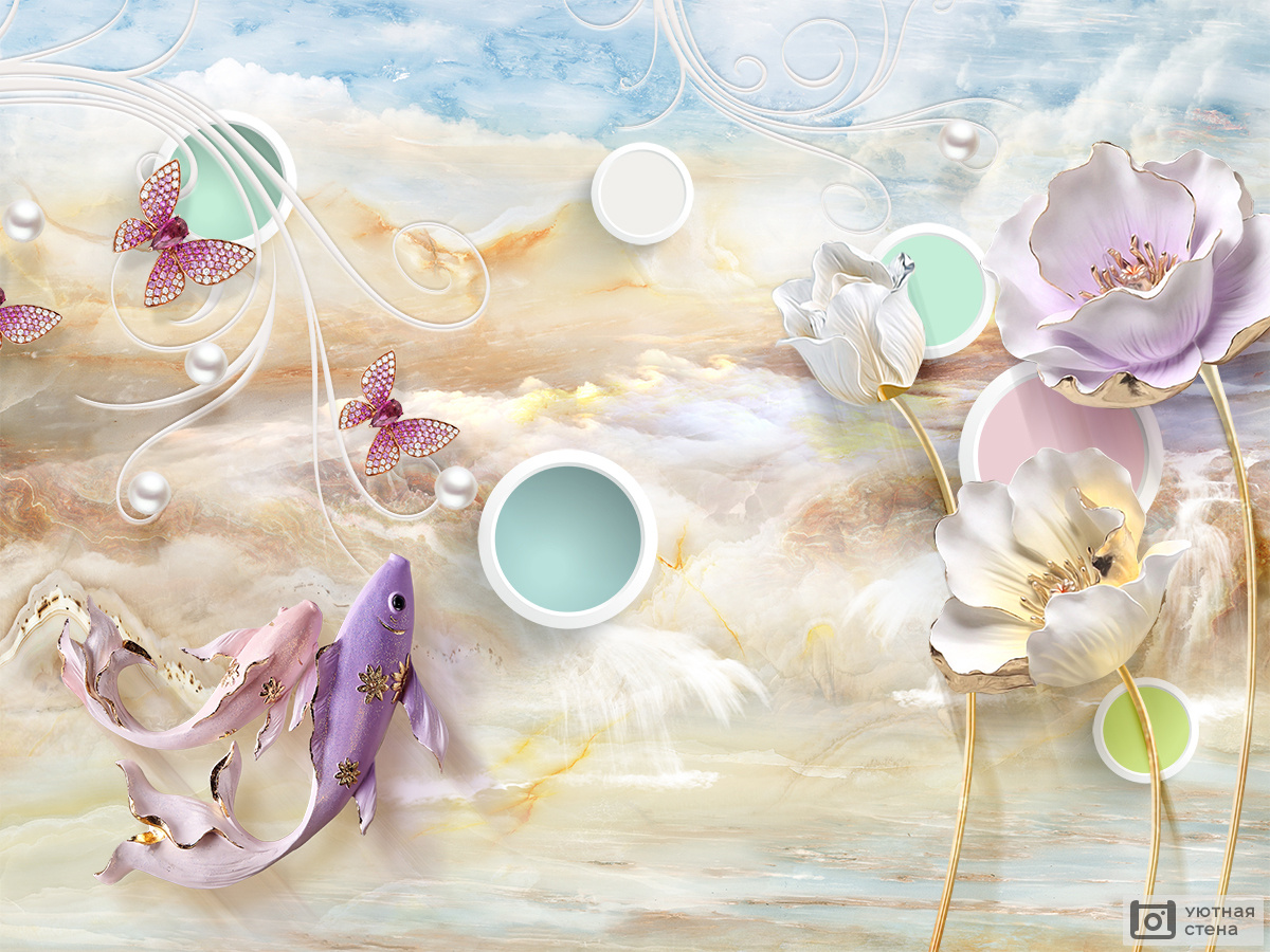 Фотообои 3D цветы на фоне моря - Арт. 021118 | Купить в интернет-магазине  Уютная стена
