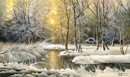 Зимний пейзаж с рекой в лесу
