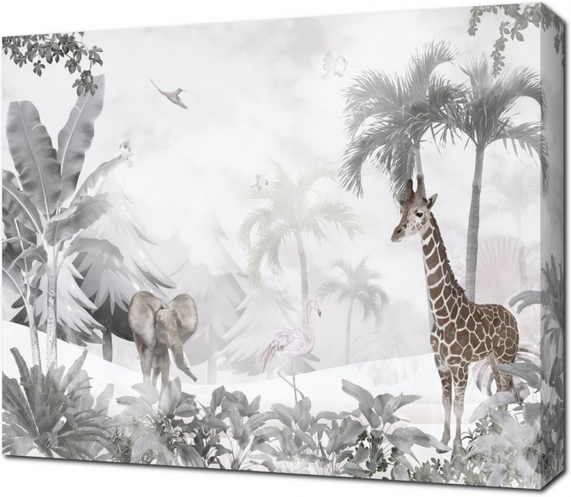 Жираф и слоненок в тропическом лесу