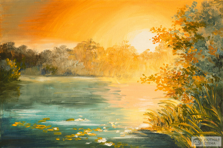 Яркий закат на озере красками