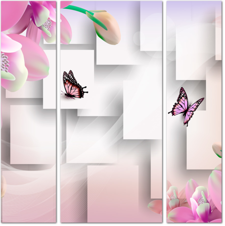 Тюльпаны и бабочки на фоне декоративных квадратов