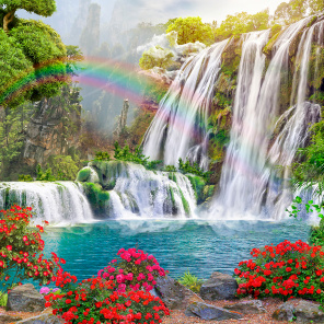 Дизайнерские фотообои "Радуга над озером с водопадом" - Арт. 600117